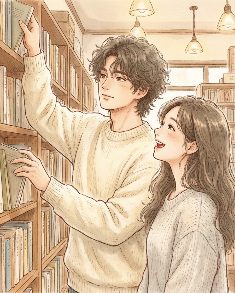 AI 生成的漫画情侣合照：书店里的两个人