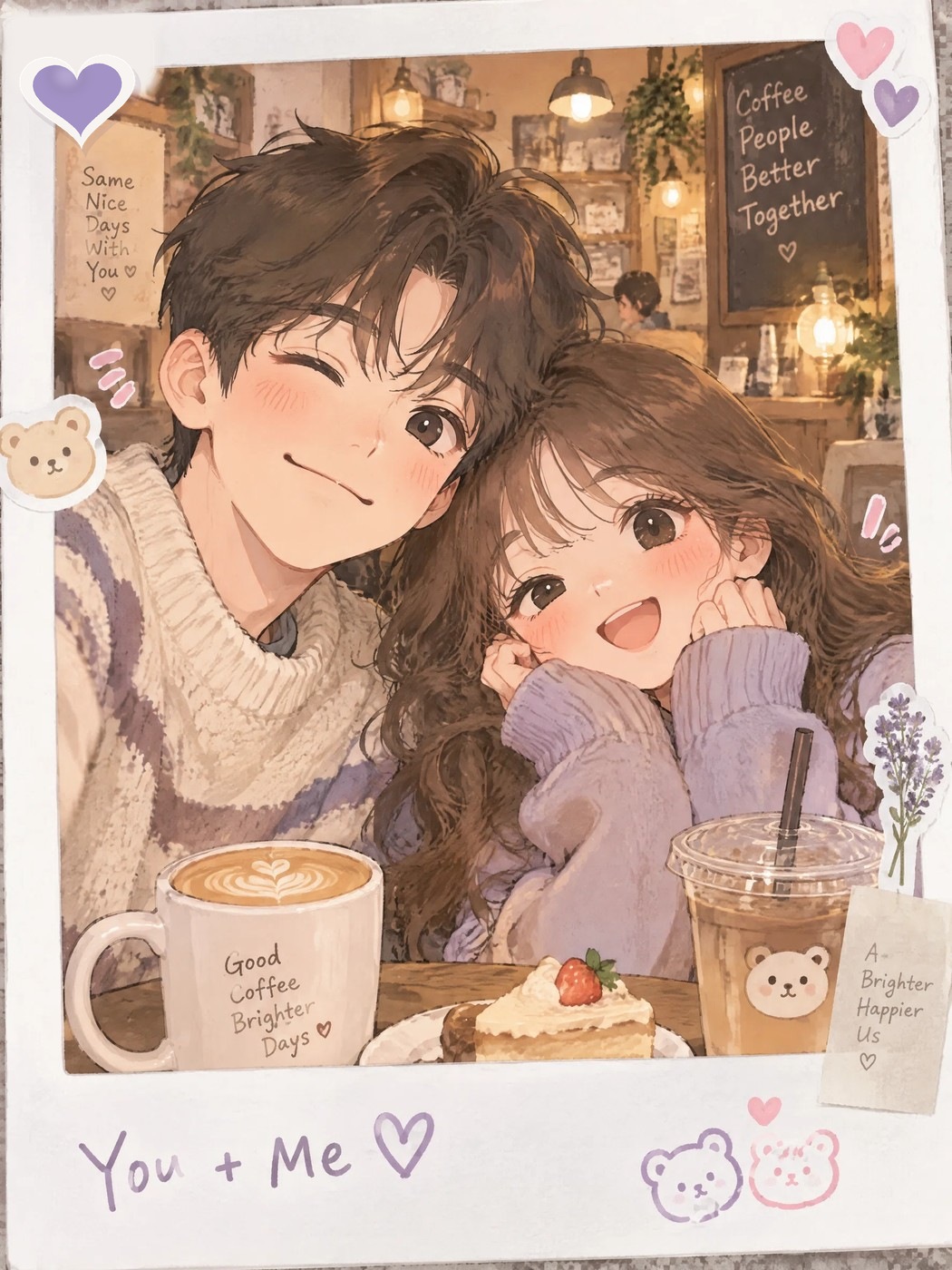 示例：一对情侣的漫画合照，坐在咖啡馆里
